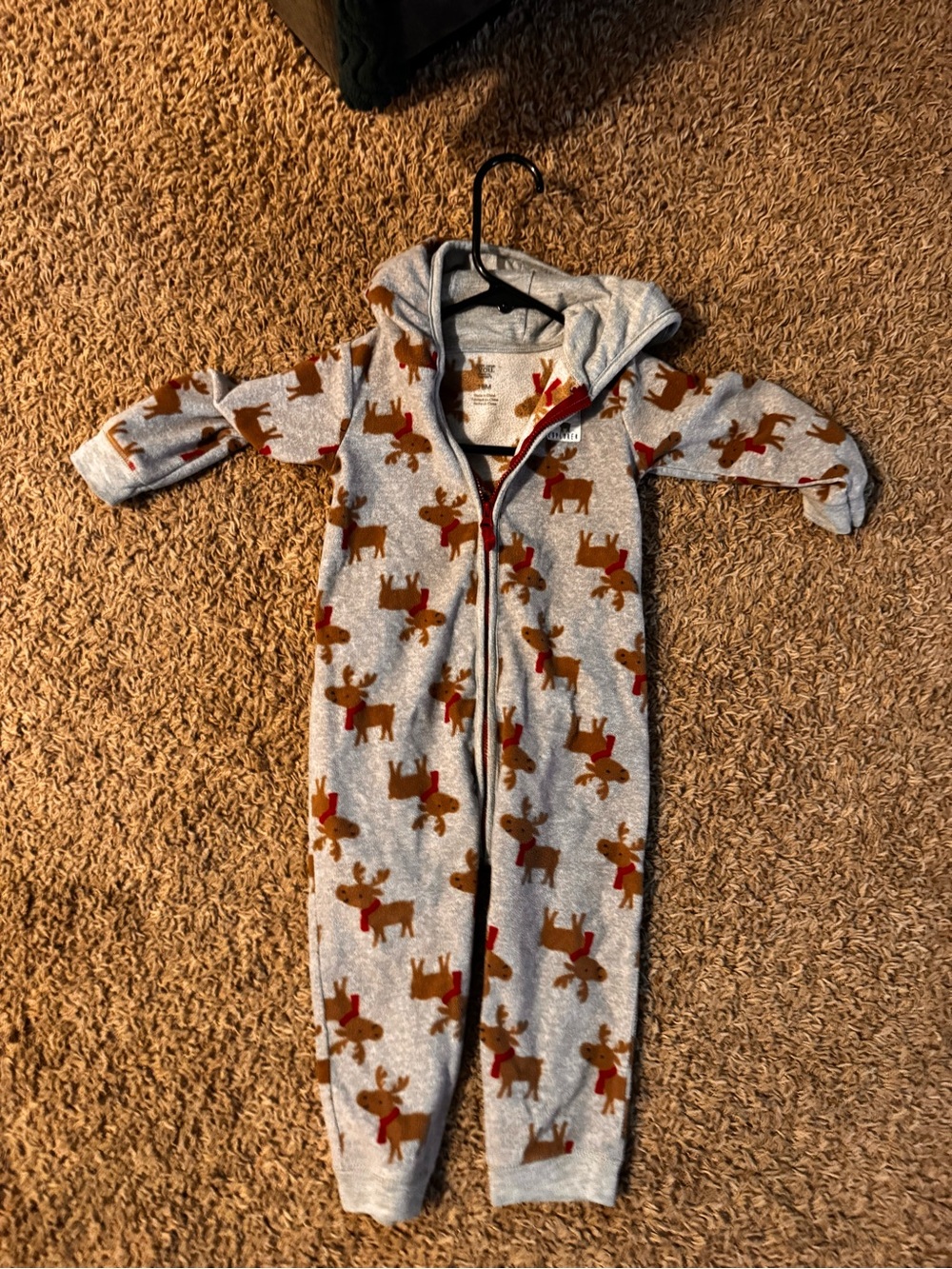 Carter's Gray Hooded One-Piece Pajamas with Brown Reindeer and Red Scarves